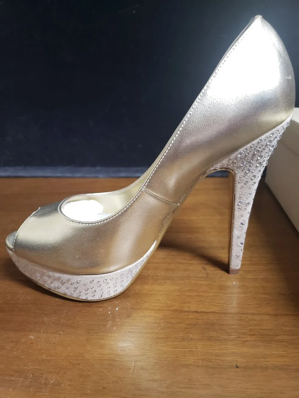 Metallic Gold Platform Peep-Toe High Heels with Crystal Embellished Heel